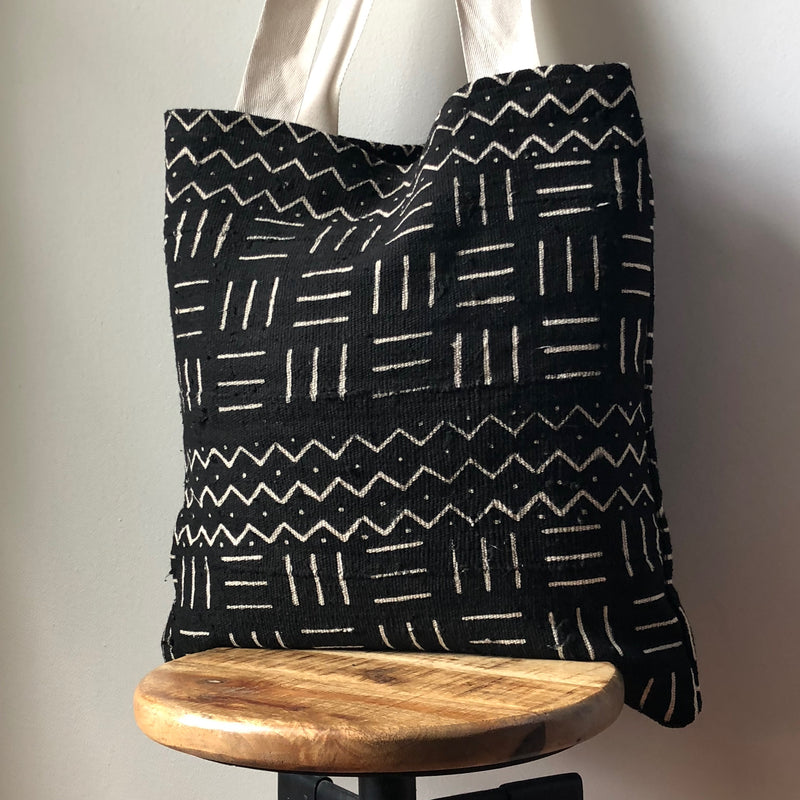 African Mudcloth Tote Bag - White & Black