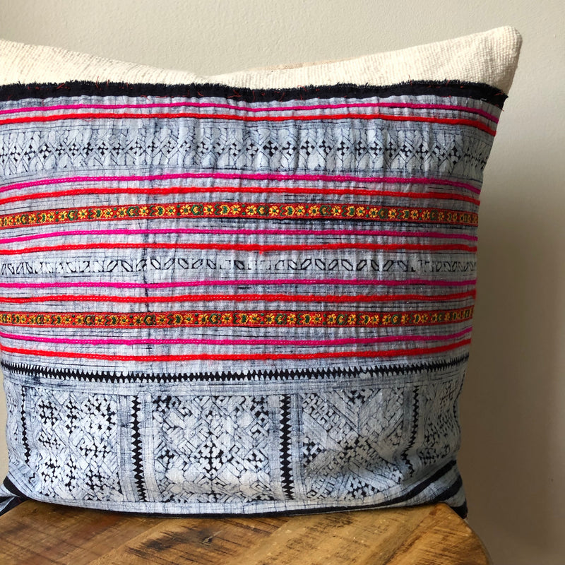 PINK HMONG ON WHITE MUDCLOTH Pillow Cover