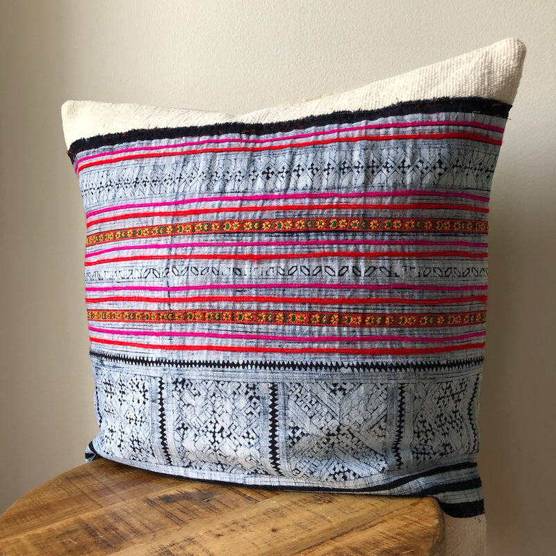 PINK HMONG ON WHITE MUDCLOTH Pillow Cover