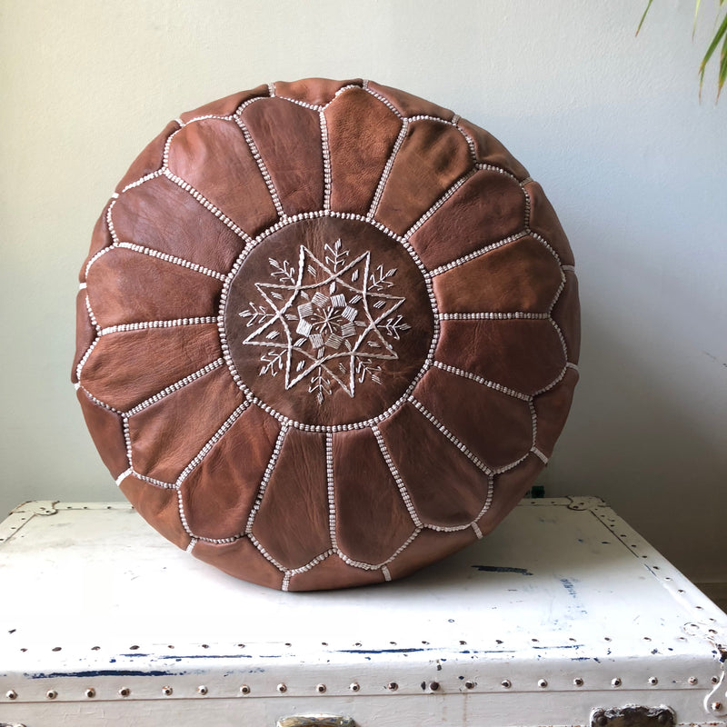 ROUND TAN LEATHER EMBROIDERED POUF