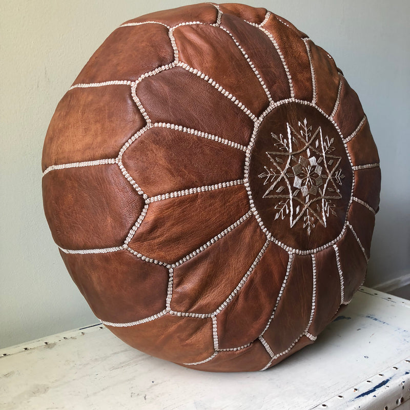 ROUND TAN LEATHER EMBROIDERED POUF