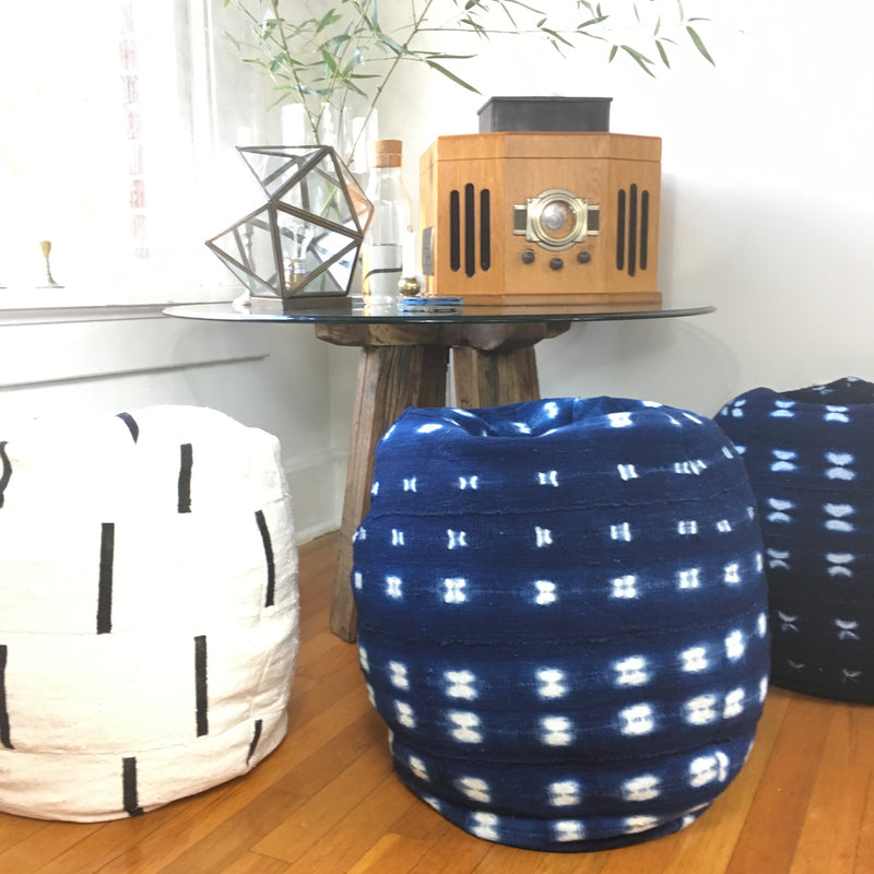 Shibori Indigo or Black and White Mudcloth Poofs / Bean Bag Chair / Ottoman - Made from African Mudcloth - Fabric from Africa