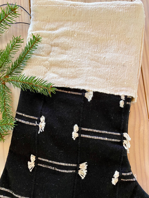MUDCLOTH STOCKING - White Top Black Knotted Bottom