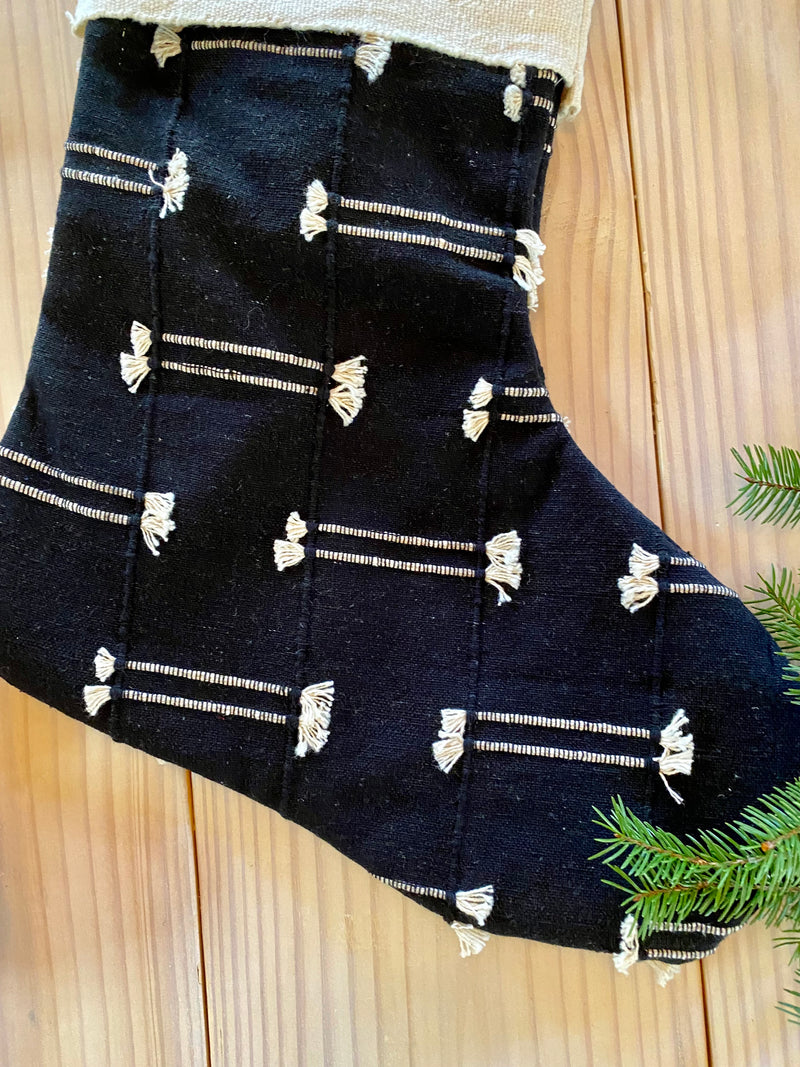 MUDCLOTH STOCKING - White Top Black Knotted Bottom