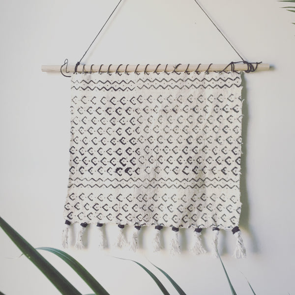 Custom White and Black Mudcloth Wall Hanging - Loosely Woven with a Tassel Bottom - Black Cording on Top to Hang