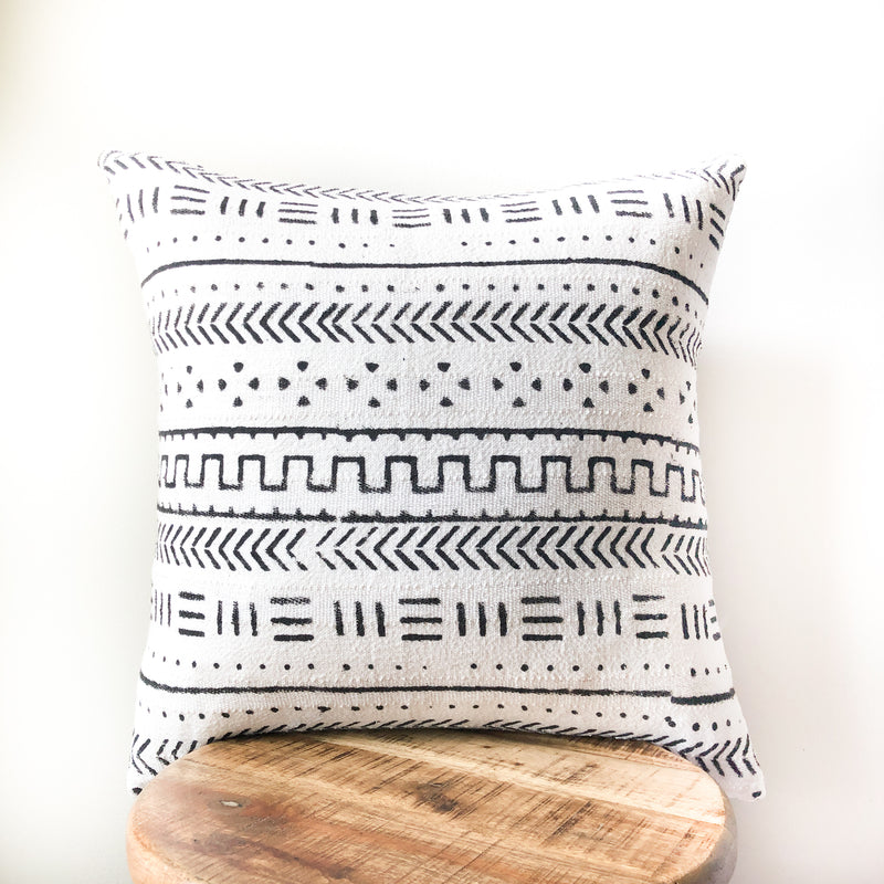 White with Black Tribal Print Mudcloth Style Pillow