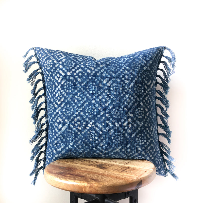 INDIGO DOT MUDCLOTH Style Pillow with tassels