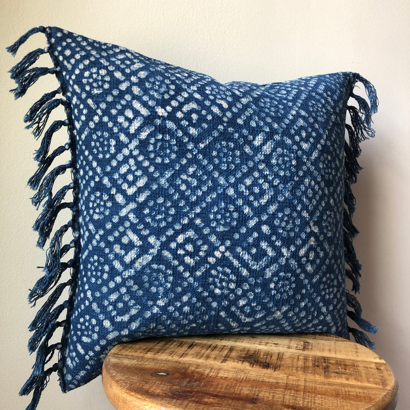 INDIGO DOT MUDCLOTH Style Pillow with tassels