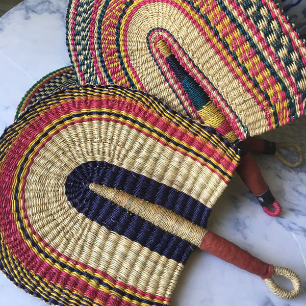 Vibrant Hand Woven African Fan with Leather Handles - Great Wall Decor or Beautiful Piece of Art