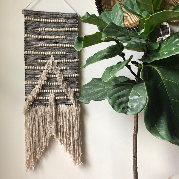 Black and Cream - Wall Hanging - Loosely Woven with a Tassel Bottom - Fringe Tassels