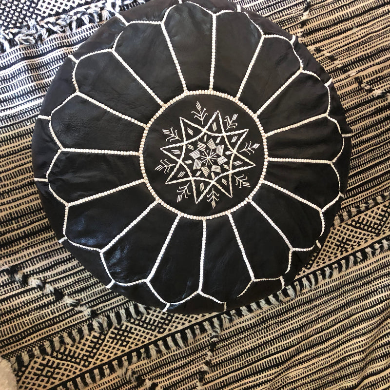 ROUND BLACK LEATHER EMBROIDERED POUF