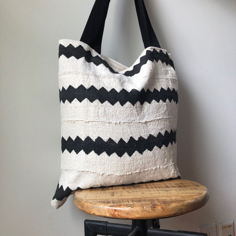 African Mudcloth Tote Bag - Black & White