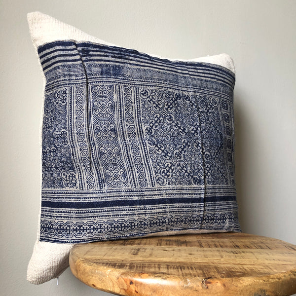 BLUE & WHITE HMONG on MUDCLOTH Tribal Stripe Pillow