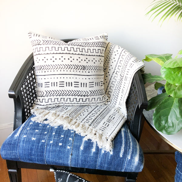 Black & White Mudcloth Throw Blanket with Tassels