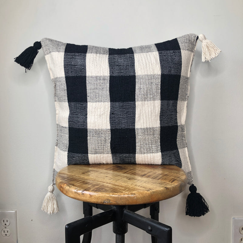 Black and White Plaid Pillow Cover with Tassels