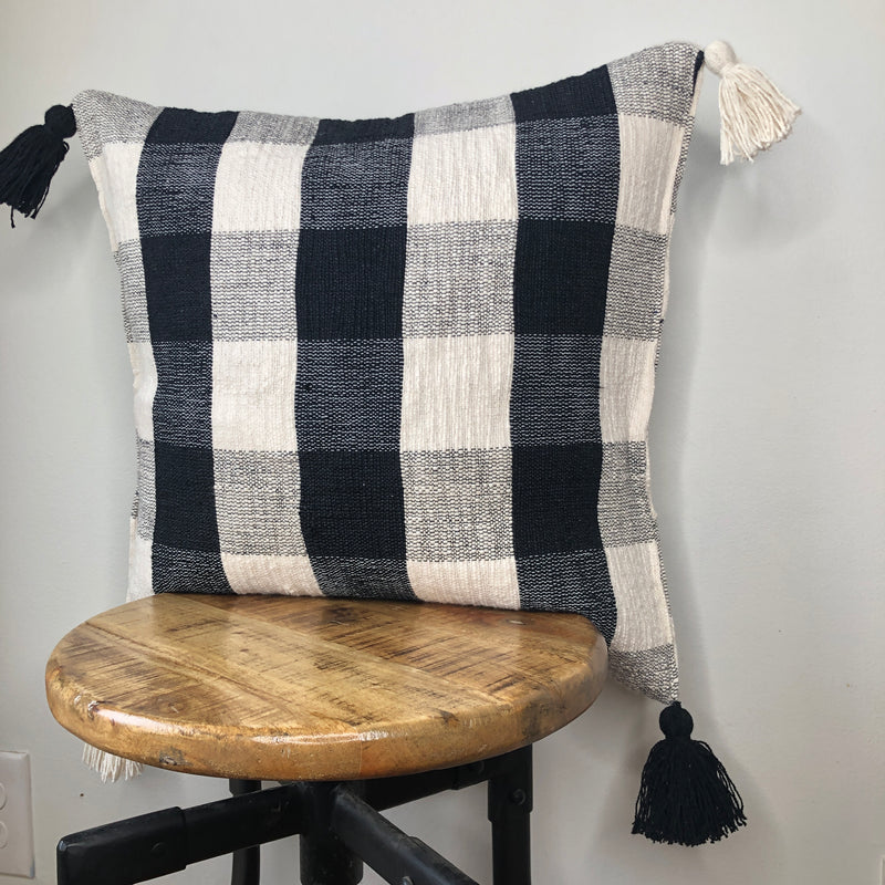 Black and White Plaid Pillow Cover with Tassels
