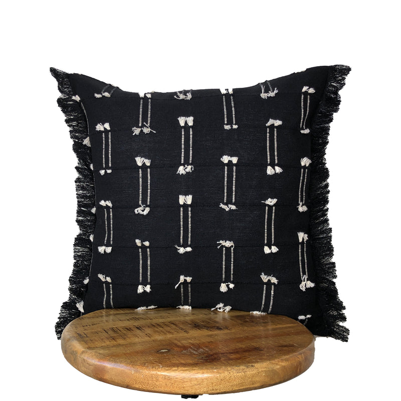 Black and White Knotted Fringe Pillow with Insert