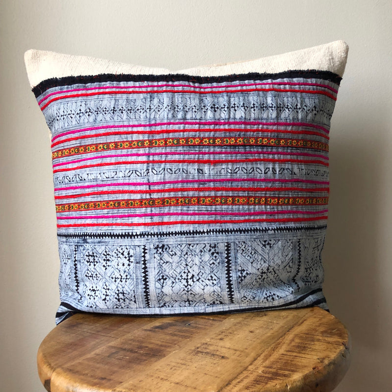 PINK HMONG ON WHITE MUDCLOTH Pillow Cover